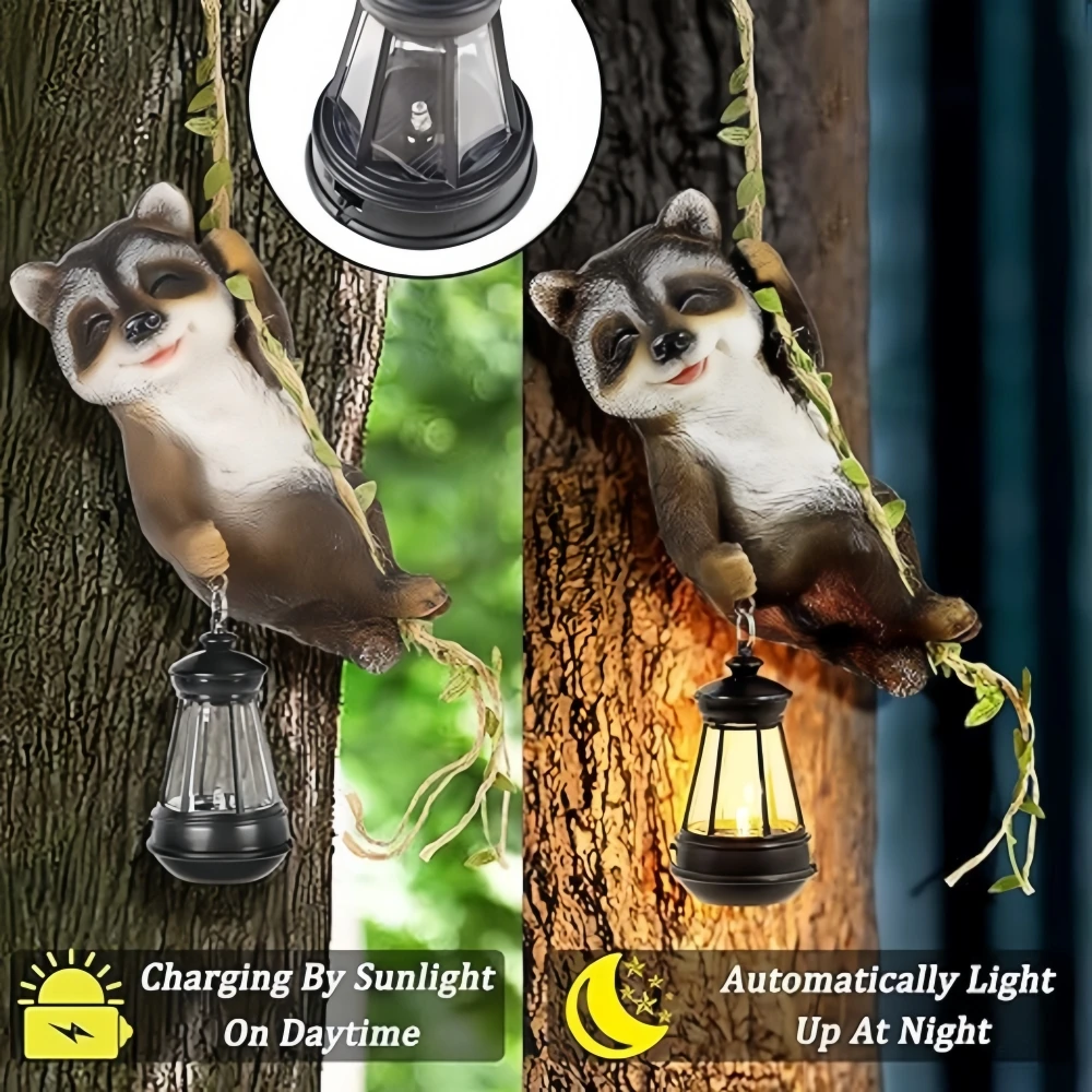 Hanging Solar Raccoon Statue Garden Climbing On Vine Outdoor Resin Raccoon Figurine with LED Lantern for Wall Trees Patio