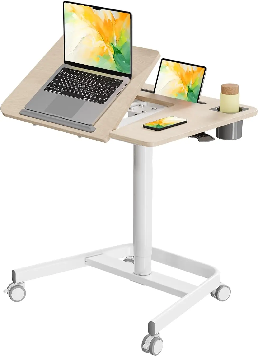 

JOY worker Mobile Standing Desk, Pneumatic Height Adjustable Table, 60° Tiltable Rolling Laptop Desk, Portable Sit Stand Desk