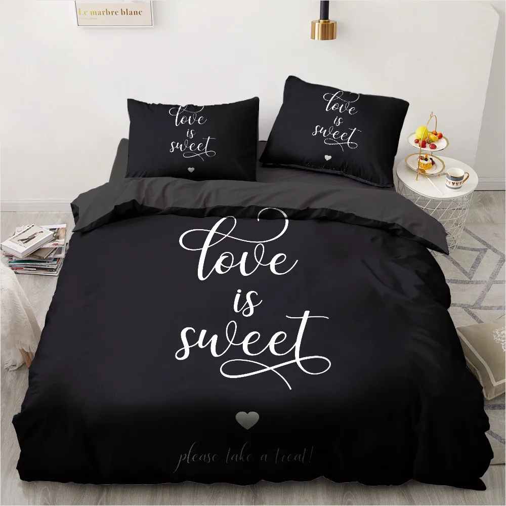 

3D Custom Simple Letter Black Single Double King Bedding Set Three-piece Cover Set Quilt Covers Comforter Case Home Textile