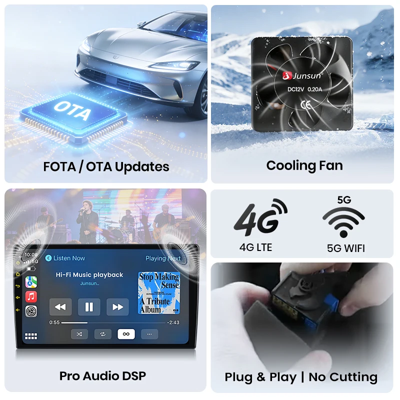 Radio para coche Junsun con CarPlay inalámbrico y Android Auto para Audi A3 / S3 / RS3 (8P) 2003-2013, ventilador de refrigeración integrado, navegación GPS Android, reproductor multimedia, WiFi, DSP, RDS, BT, SWC, pantalla táctil IPS, autorradio, reproductor de vídeo, unidad principal estéreo. 4