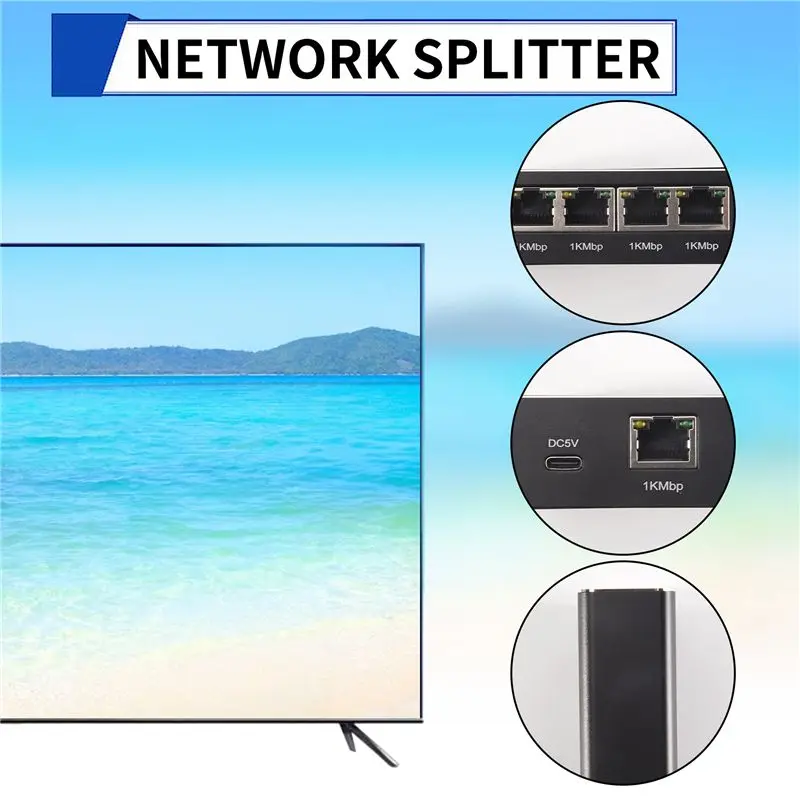 핫세일 5포트 기가비트 이더넷 스위치 (USB 전원 케이블 포함), 1000Mbps 이더넷 분배기 1입력 4출력, Cat 5/5E/6/7/8 호환