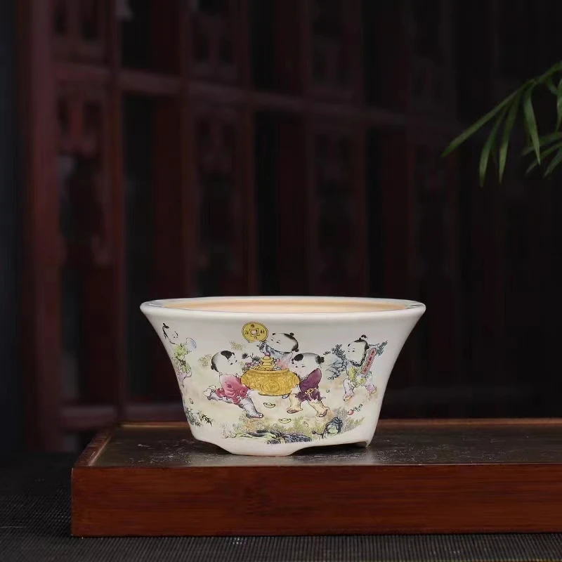 

Round Purple Sand Flower Pots Creative Retro Bonsai Pots Chinese Style Ceramic Succulent Flower Pots Home Decor