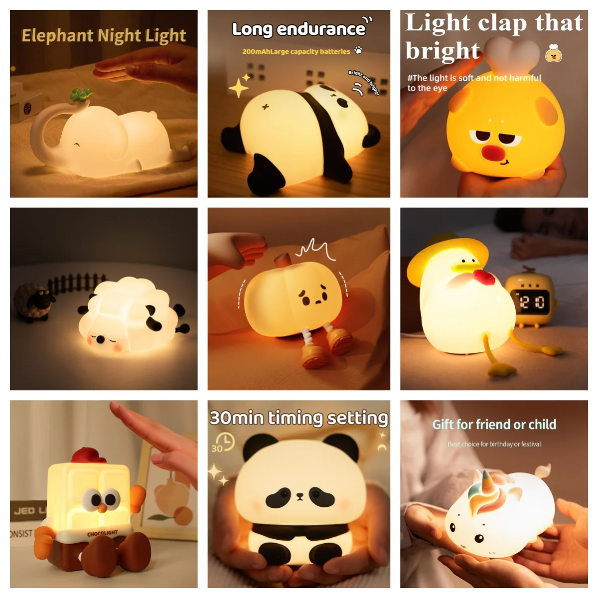 28 Type Night Light Cute Style Soft Touch Light Up When Patting Built-in Battery Support USB Charging For Decor Decompressing