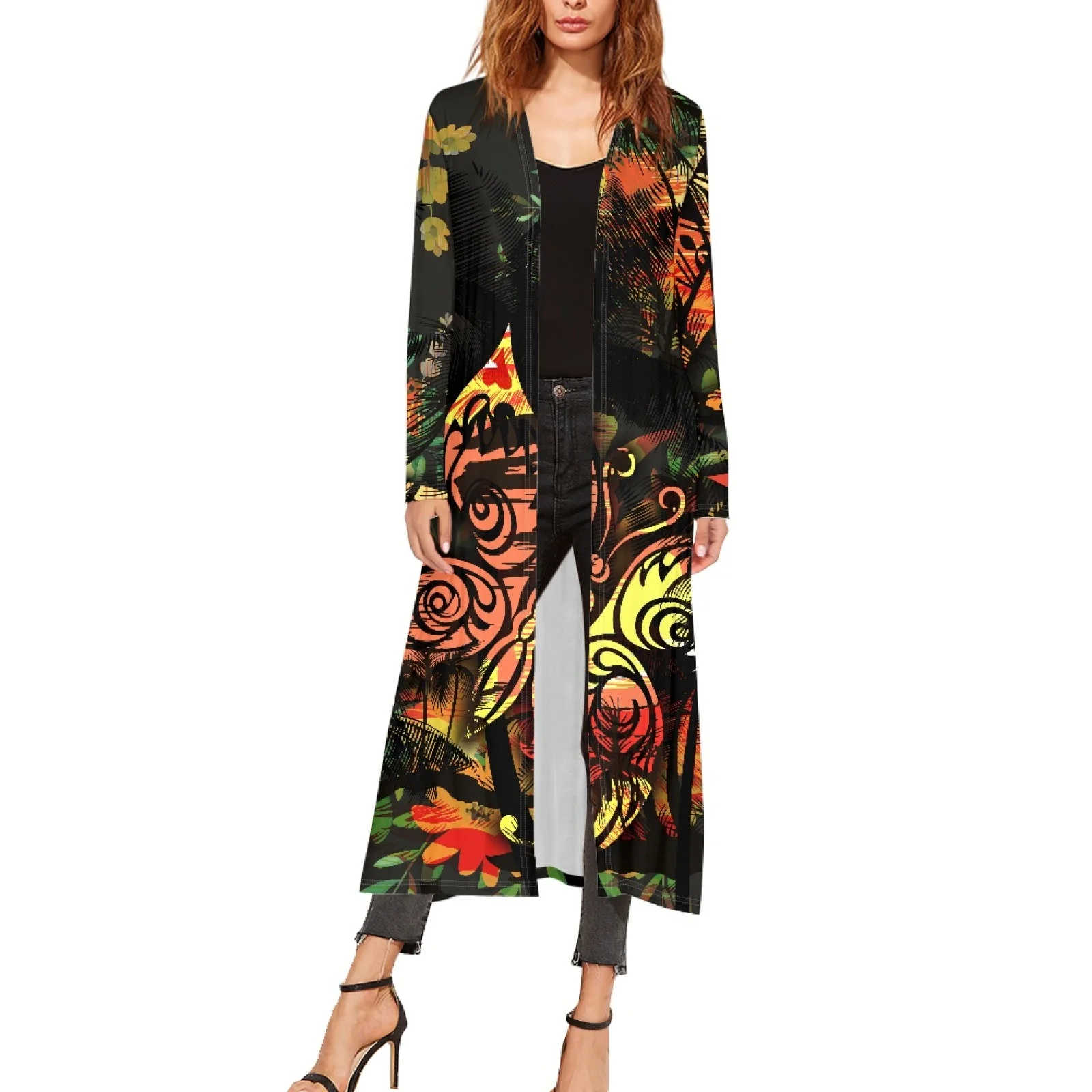 

Women's Long Sleeve Maxi Cloaks,Polynesian Tribal,Pohnpei Totem,Tattoo Print,All Season,Elegant Shirt Coat,Fashion,Plus Size,6XL