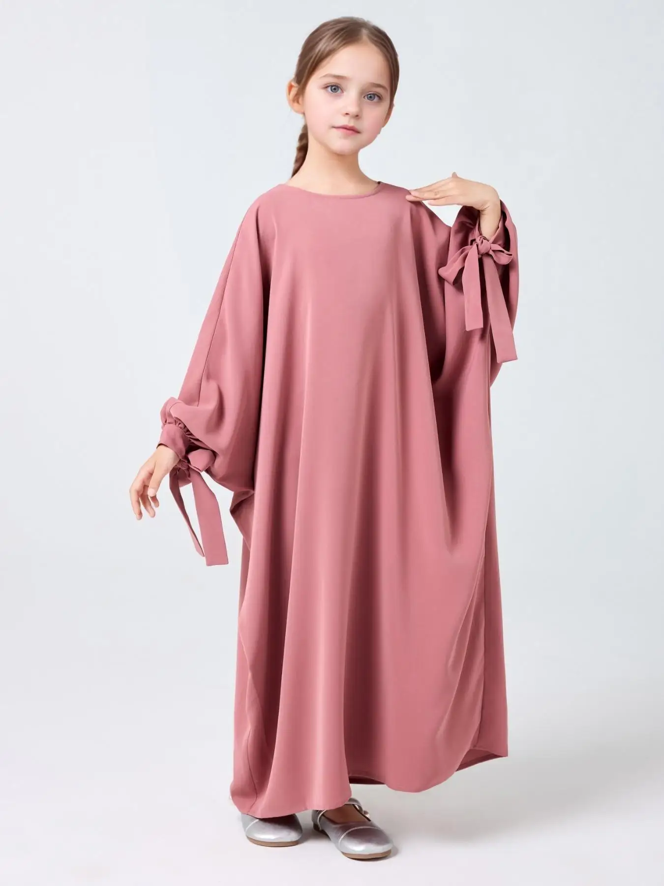 Zhai Yue Middle Eastern Muslim Girls Robe Pure Color Round Neck Button Long Skirt Cuffs Lace-Up Robe 4