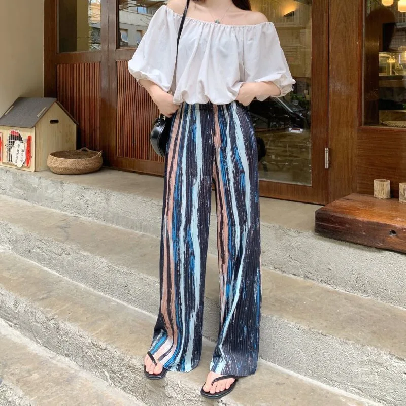 2024 Summer Sweet Striped Ruched Women's Thin Elasticized High-waisted Straight Tie Dye Casual Loose Wide Leg Floor Length Pants