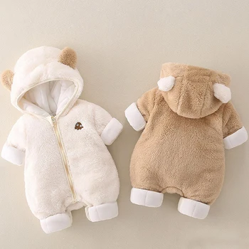 بذلة AYNIGIELL النسخة الكورية للأطفال من القطيفة، بذلة سميكة ودافئة بغطاء للرأس، ملابس خارجية قطنية من عمر 0 إلى 18 شهرًا 2