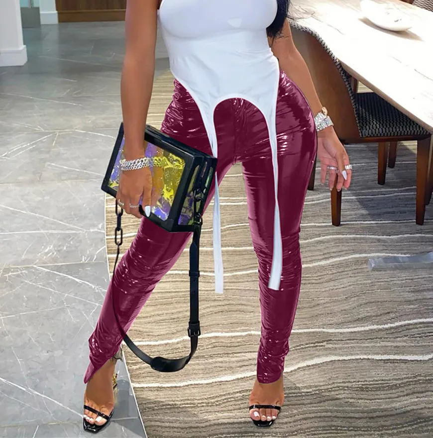 Autumn Winter Glossy PU Leather Sexy Black High Waist Leggings Women Yoga Pants Pencil Trousers