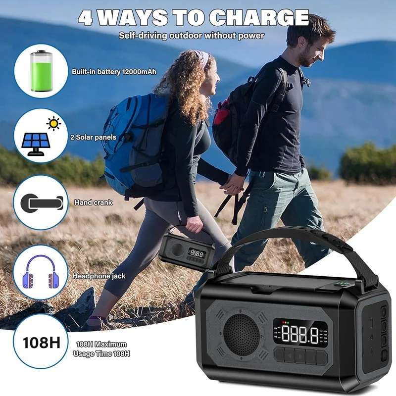 12000Mah Emergency Weather Radio Hand Crank Radio Solar Radio Portable AM/FM/NOAA Radio With Flashlight Reading Lamp