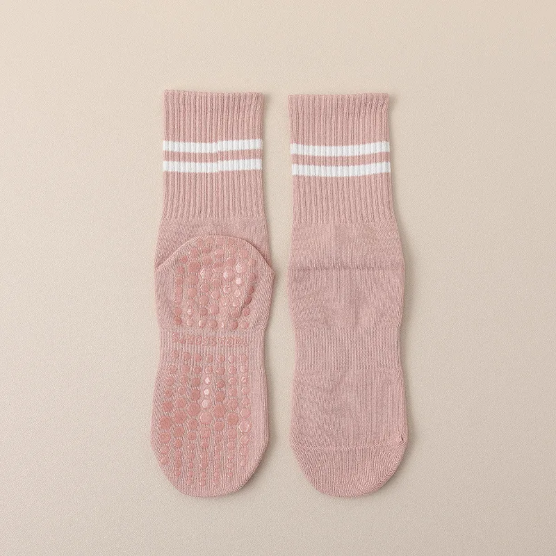 New Cotton Breathable Mid-calf Yoga Socks Solid Color Striped Anti-slip Sports Socks Pilates Dance Fitness Training