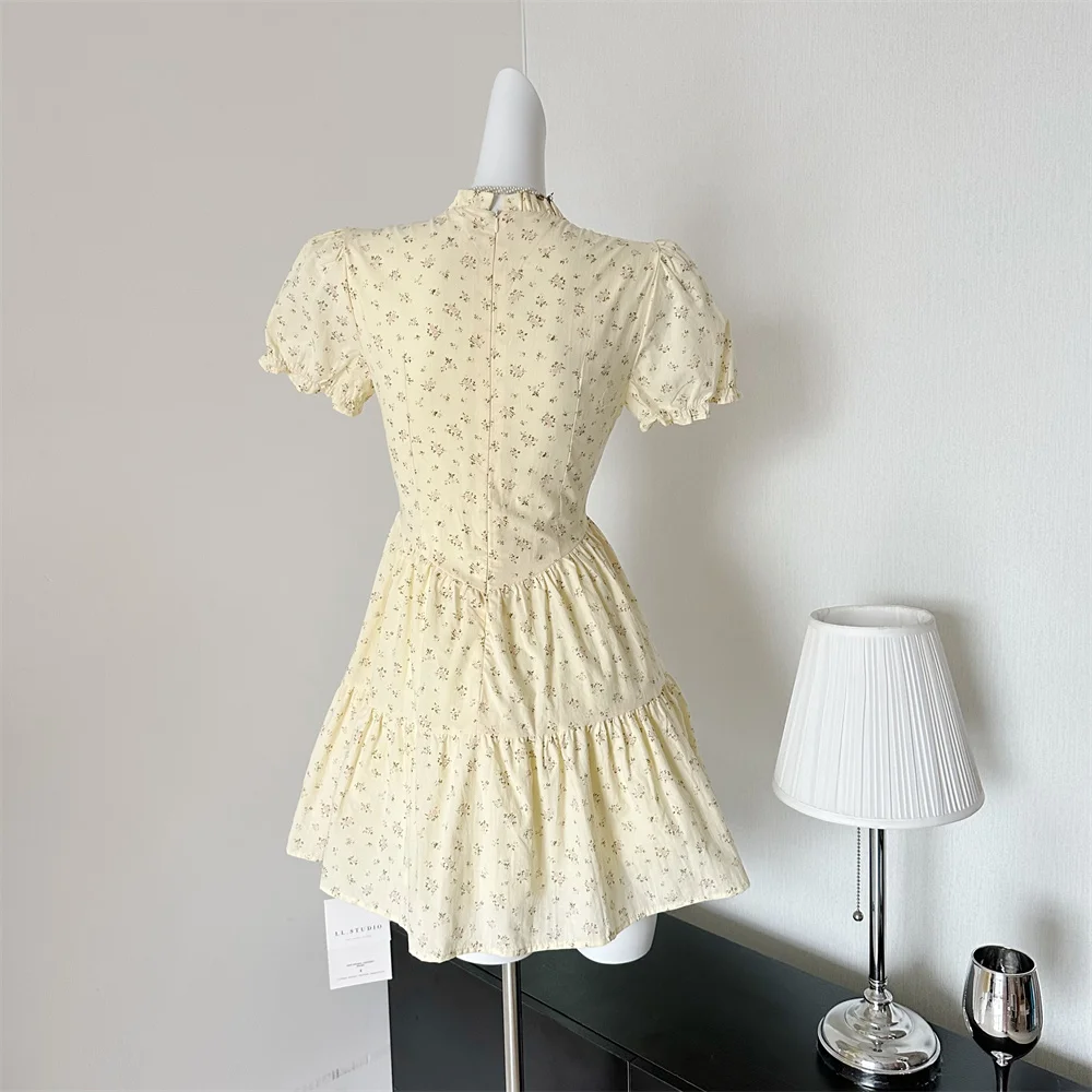 French Floral Printed Short Dresses for Women Y2K V-neck High Waist Birthday Party Dress Korean Chic Prom A-line Summer Vestidos