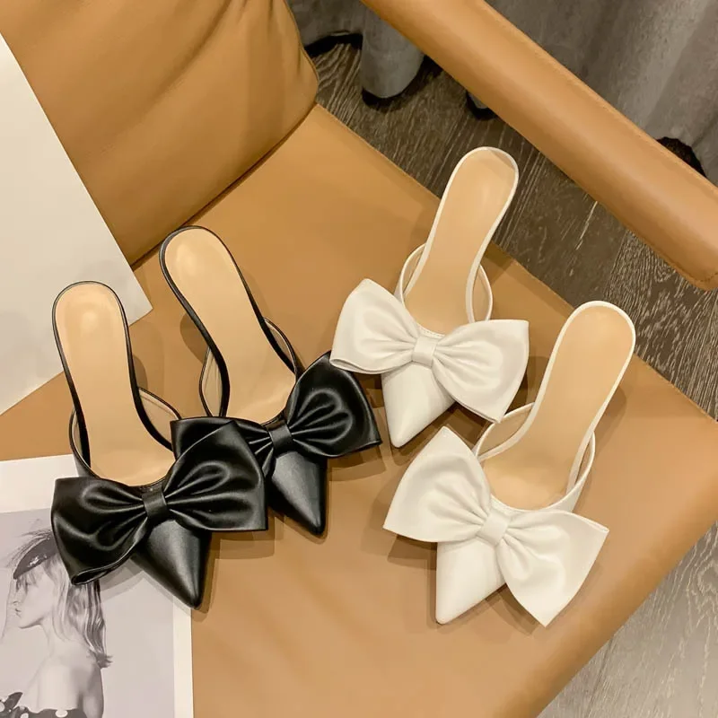 

2024 Autumn New Pointy Thin Heel High Heel Bow Baotou Sandals and Slippers Women