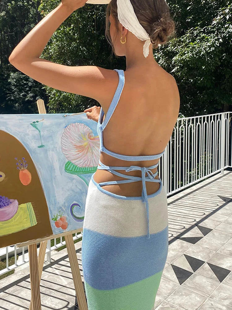 Tossy Women Stripe Knitted Backless Sexy Bodycon Dress Bandage Contrast  Color Spaghetti Strap Long Dresses Party Beach Summer - AliExpress