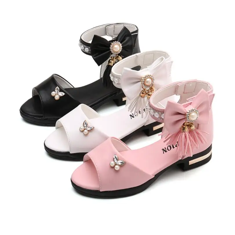 Kids Bow Sandals Children Girls Summer Cute Sandals Beach Sandals 2021 Princess Fashion High Heels Tassel School Shoes 6