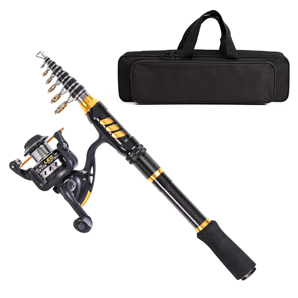 LEO FISHING Fishing Rod and Reel Combo Carbon Fiber Telescopic Fishing Rod  with Spinning Reel Combo Carrier Bag Case Saltwater Freshwater Travel  Fishing Lures Jig Hooks Full Kit 