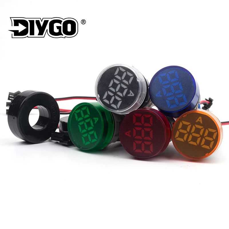 22mm Frosted Round Panel Digital Ammeter Amp Tester Meters LED Indicator Pilot Lamp Light Current Meter 0-100A AC 50-500V