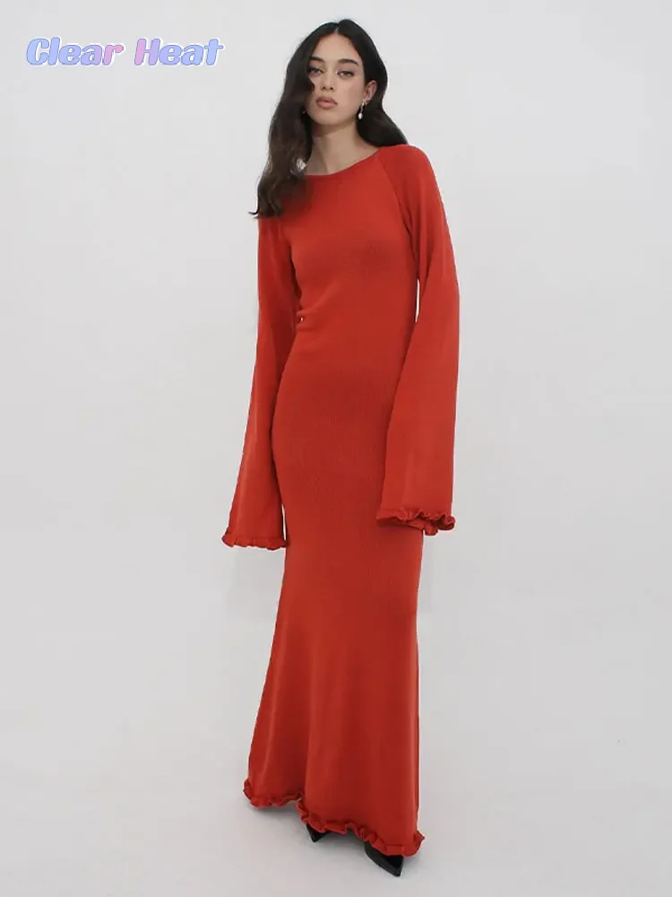 

Fashion Chic Red O Neck Maxi Dress For Women Elegant Commuting Flare Long Sleeve Dresses 2024 Spring Female High Street Vestidos