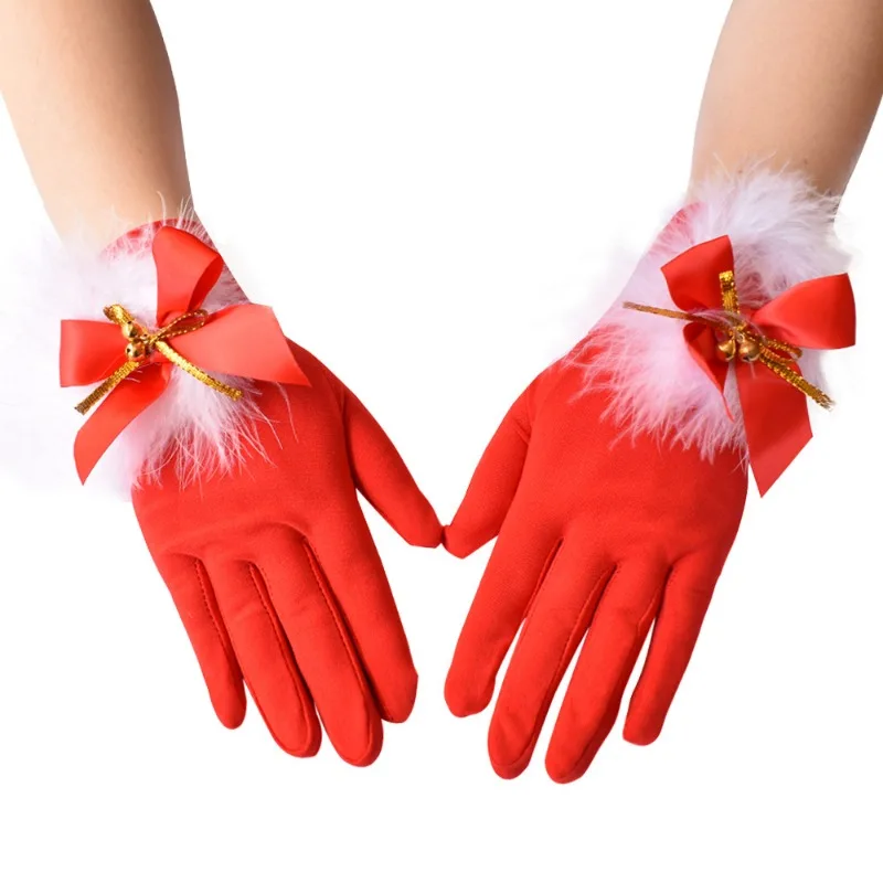 

Christmas gloves Women Kawaii feather bell Christmas suit with gloves Stretch milk silk gloves cosplay Christmas gift guantes