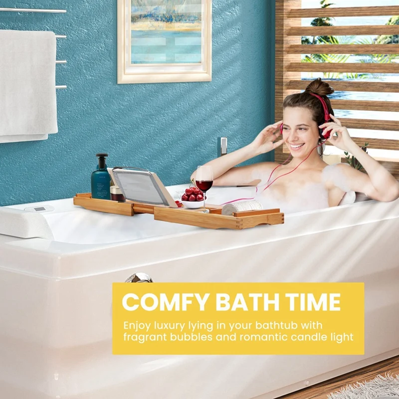 1 PCS Bamboo Expandable Bathroom Organizer Bathtub Storage Board With Cellphone Tablet And Wine Book Holder A