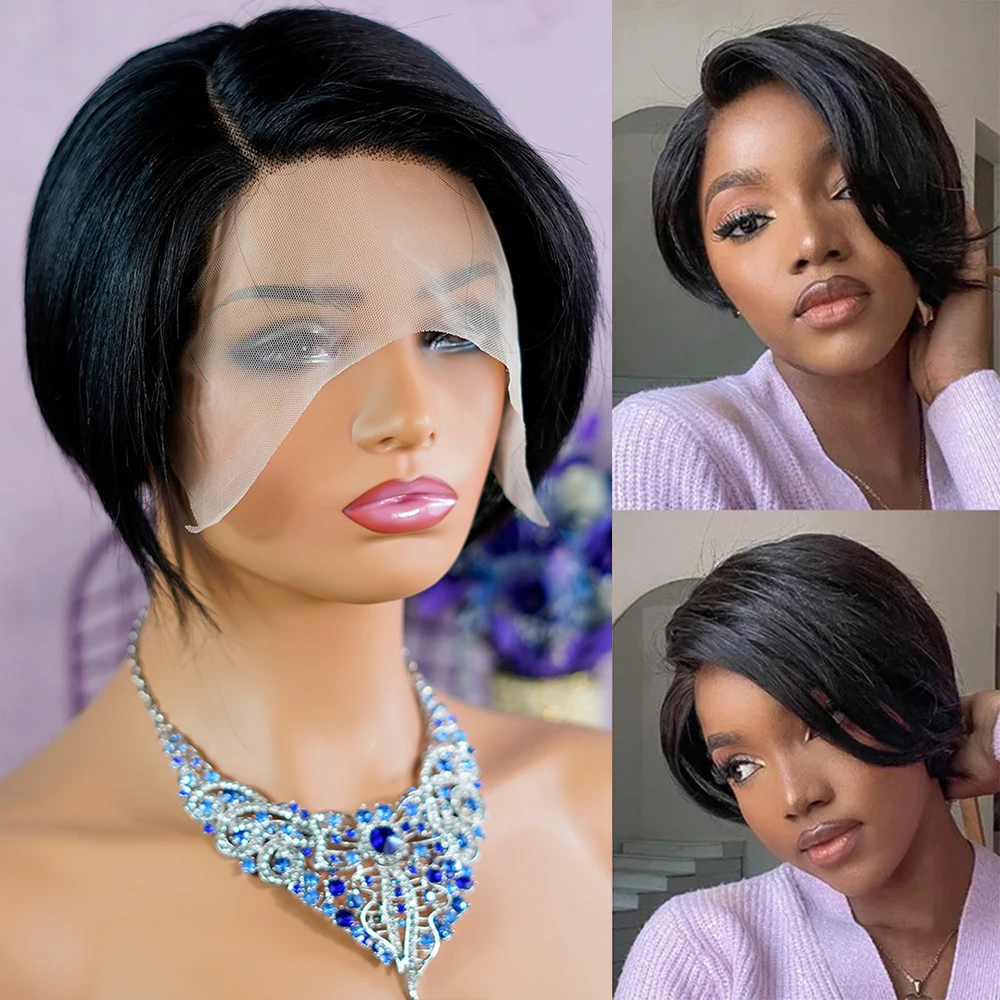 

Short Straight Pixie Cut Bob Wigs Remy Human Hair Transparent Lace Front Wig Black Human Hair Side Part Lace Wig for Afro Women