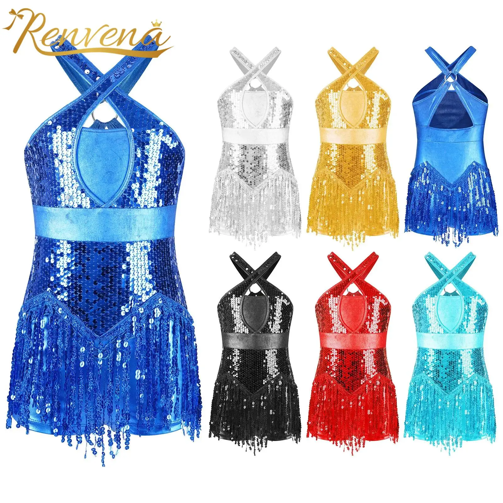 

Kids Girls Sparkly Sequins Latin Dance Fringed Bodysuit Tassel Leotard Tango Dancing Jazz Dancewear Cha-Cha Performance Costume