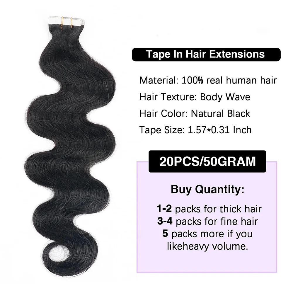 Brazilian Natural Tape In Hair Extensions Body Wave Remy Human Hair Extension Invisible Seamless Adhesive 20Pcs/Pack For Woman
