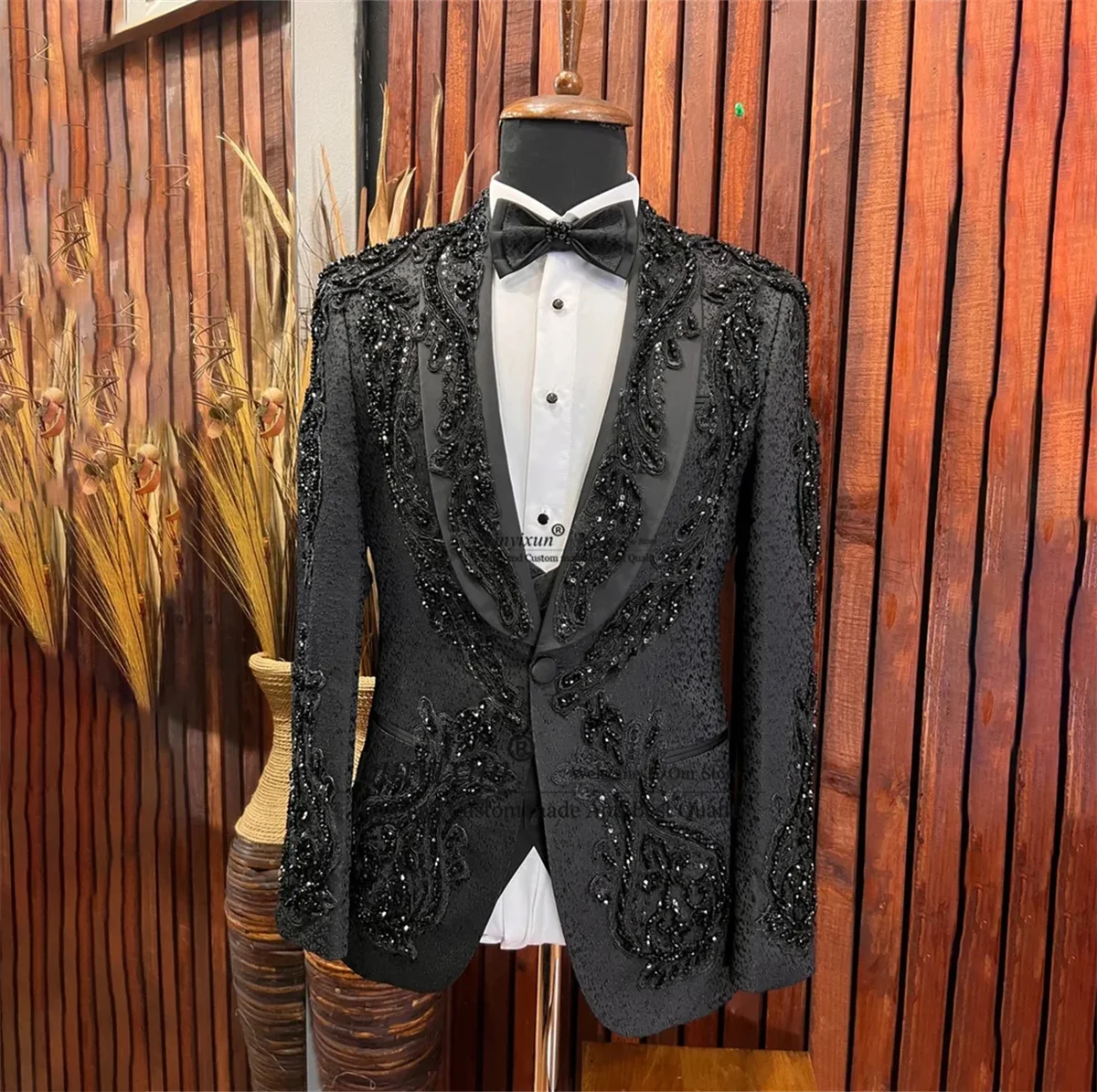 

Shiny Beaded Appliques Men Suits 2 Pieces Sets Wedding Groom Tuxedos Slim Male Prom Party Blazers Fashion Luxury Costume Homme