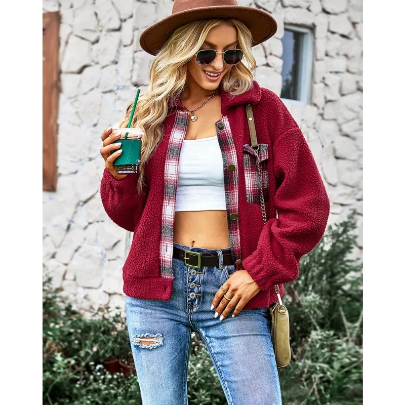 2023 Autumn and Winter New Loose Lapel Panel Plaid Plush Button Fashion Casual Long-sleeved Jacket Warm Jacket Cardigan Women's