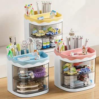 Organizer da Scrivania Rotante di Grande Capacità con Cassetti, Portapenne Multicomparto per Materiale Scolastico, Strumenti da Ufficio e Cosmetici