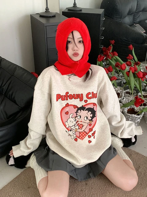 Retro Cartoon Letter Print Loose Sweatshirt Women's Sweatshirts Japanese  Harajuku Ulzzang Female Korean Cute Clothing For Women - AliExpress