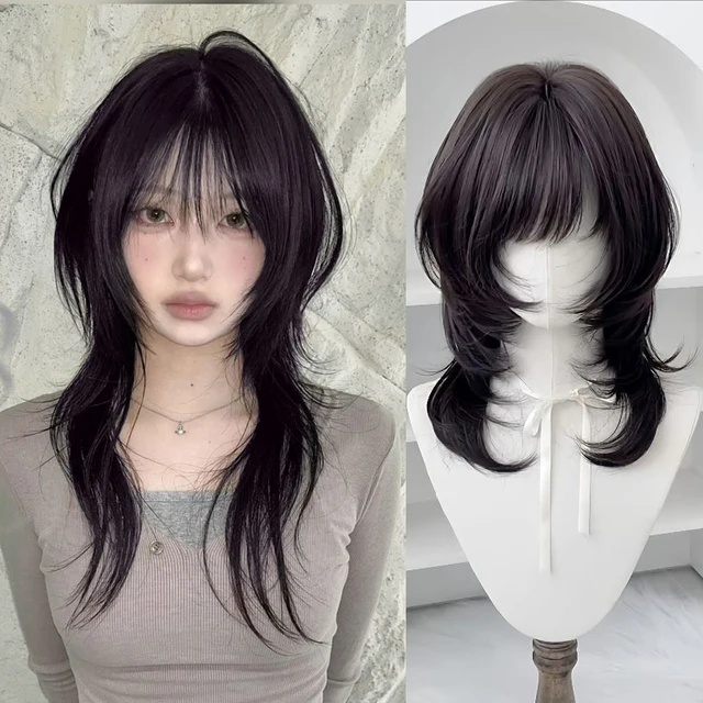 Perruque synthétique pour femmes, postiche de 18 pouces, coupe de cheveux mulet à plusieurs niveaux, coupe de loup, perruque noire avec frange pour femmes, usage quotidien en fête 1