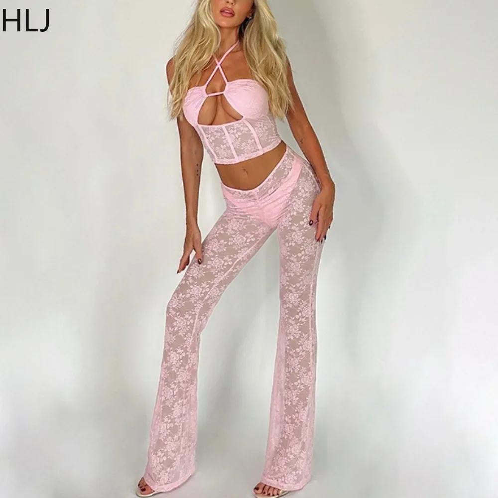 

HLJ Pink Sexy Lace Perspective Bodysuits Two Piece Sets Women Hollow Halter Tops+Flared Pants Outfits Fashion Nightclub Clothing