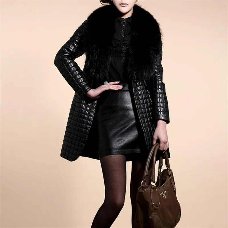 2023 Winter New Women Imitation Fur Coat Black Pu Jackets Outcoat Plus Cotton Pu Leather Long Outwear Casual Fashion Warm Top