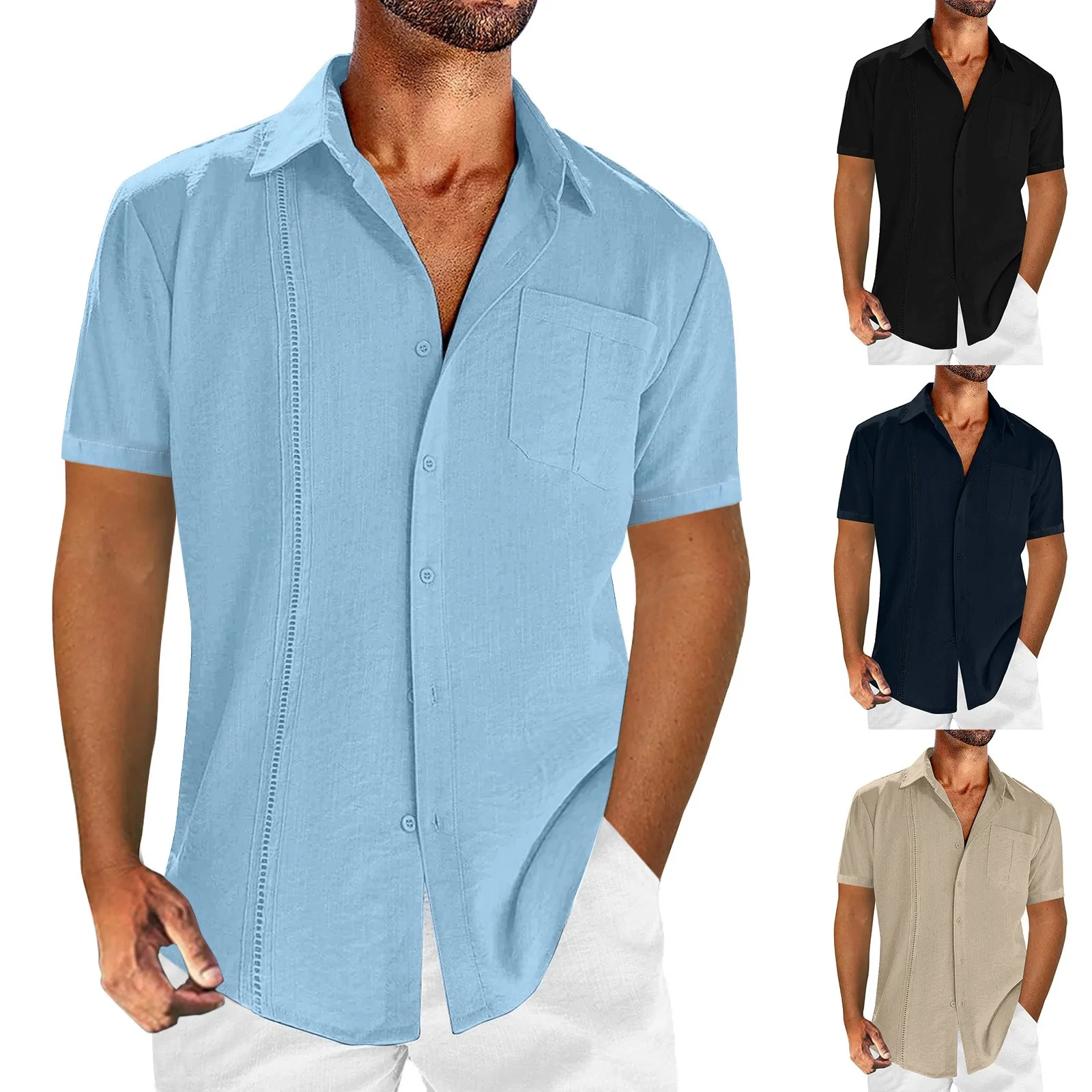 

Мужская хлопковая приталенная рубашка с карманами, отложным воротником и короткими рукавами, дышащая корейская мода, Привлекательная мужская рубашка