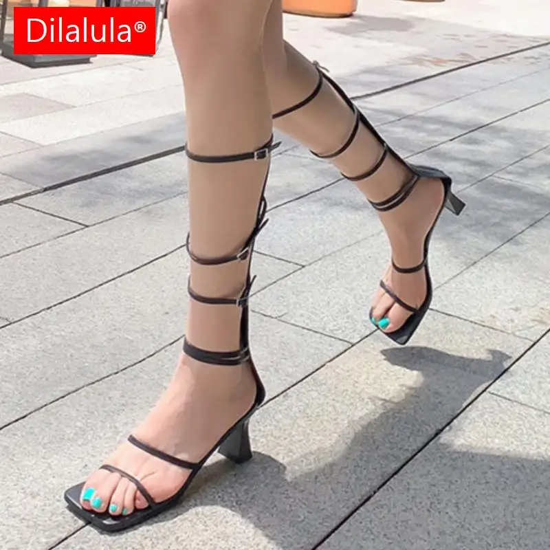 

Dilalula 2023 Summer Boots Ladies Gladiator Rome Style Buckle Genuine Leather High Heels Back Zipper Sexy Party Dating Shoes