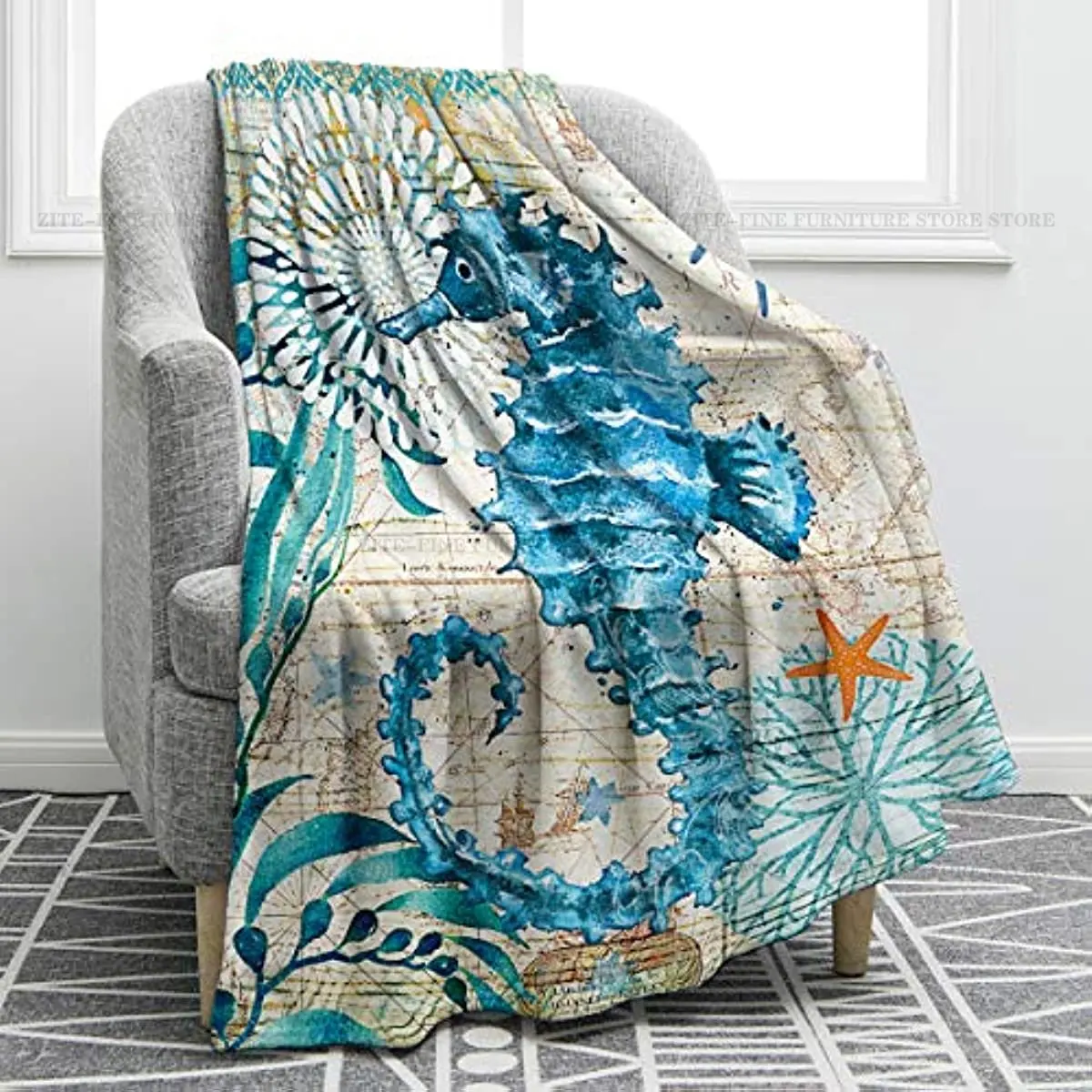 

Jekeno Sea Horse Blanket Smooth Soft Ocean Style Print Throw Blanket for Sofa Chair Bed Office Gift