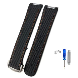 Premium Soft Silicone Rubber Watch Strap - 20mmRoseGold Buckle (Black - Orange Line)