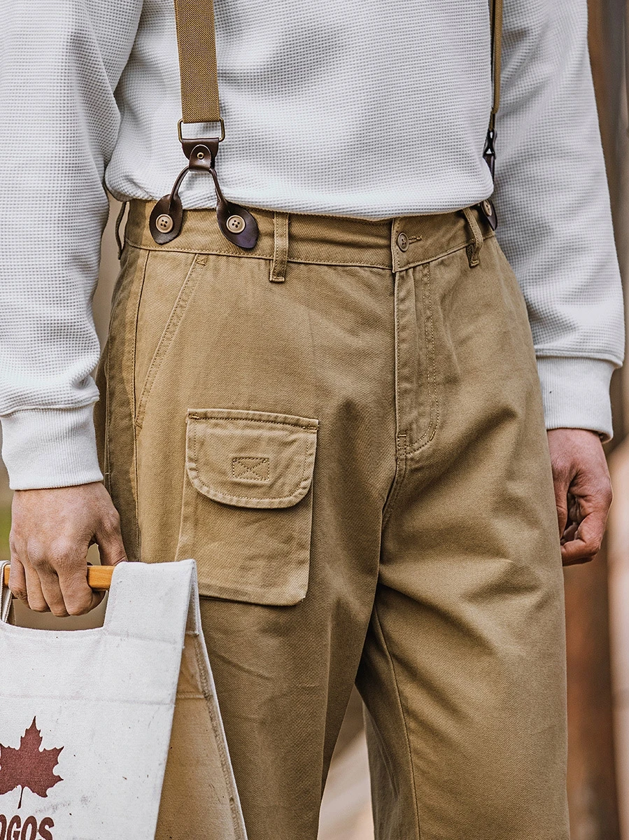 Men's Suspender Pants Loose Straight Multi-pockets Khaki Overalls Outdoor Casual Retro Cargo Pants for Male Boyfriend