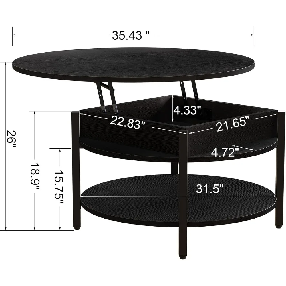 Round Lift Top Coffee Table for Living Room, 35.43'' Round Coffee Table with Storage and Hidden Compartment, 2 Tier Large 3