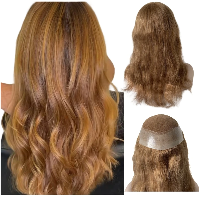 18 inches Brazilian Virgin Human Hair Hairpiece Silky Straight Light Brown Color 8# Lace with PU Unit 7x9 AUS Topper for White W