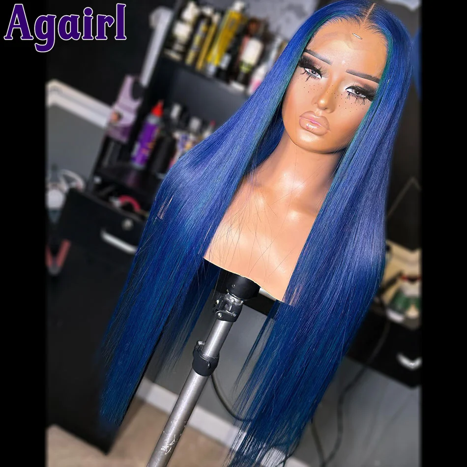 

Transparent 13x6 Straight Lace Frontal Wig Blues Mixed Green Highlight 13x4 Glueless Lace Front Wigs Human Hair For Black Women