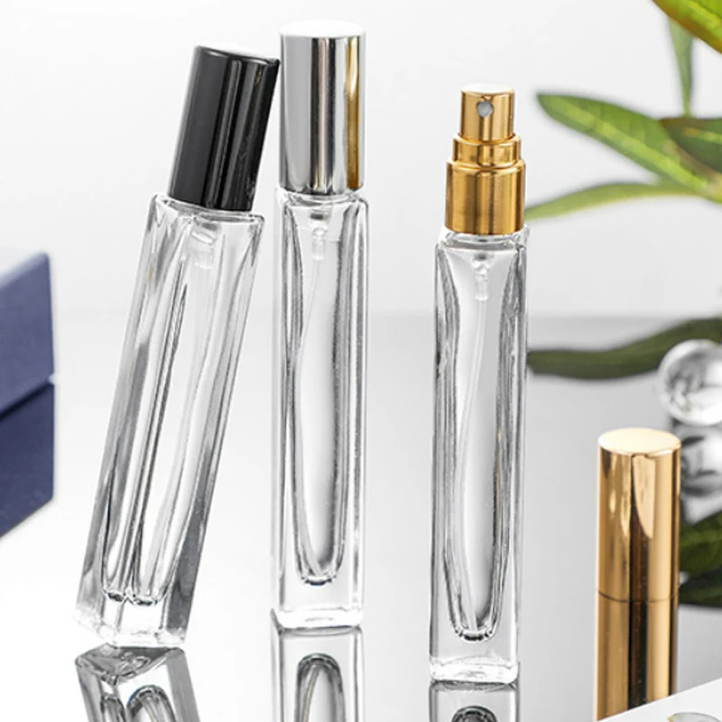 6/12pcs 10ml 두꺼운 투명 유리 향수 병 광장 라운드 리필 형 향수 스프레이 분무기 병 블랙 골드 실버 뚜껑