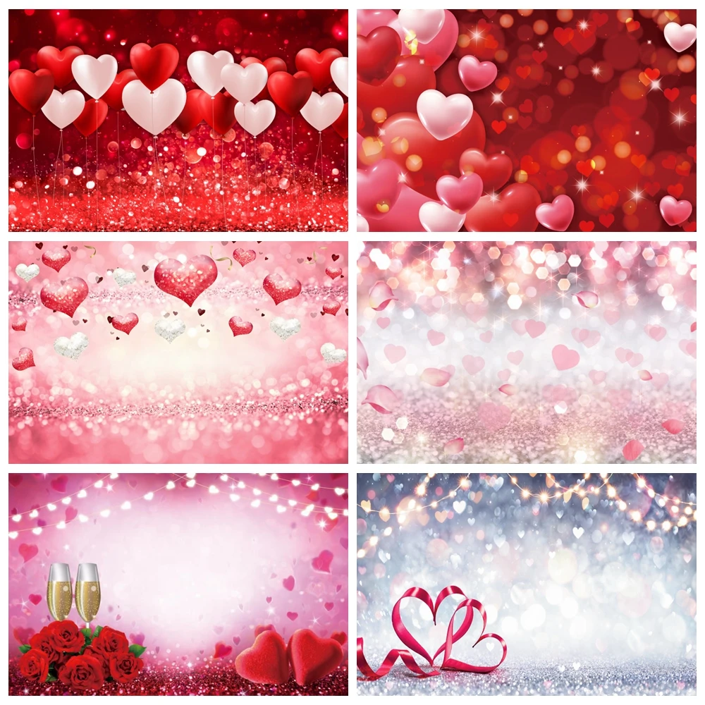 

February 14 Valentine's Day Backdrop Glitter Bokeh Red Love Heart Balloon Romantic Scenes Wedding Photography Background Banner