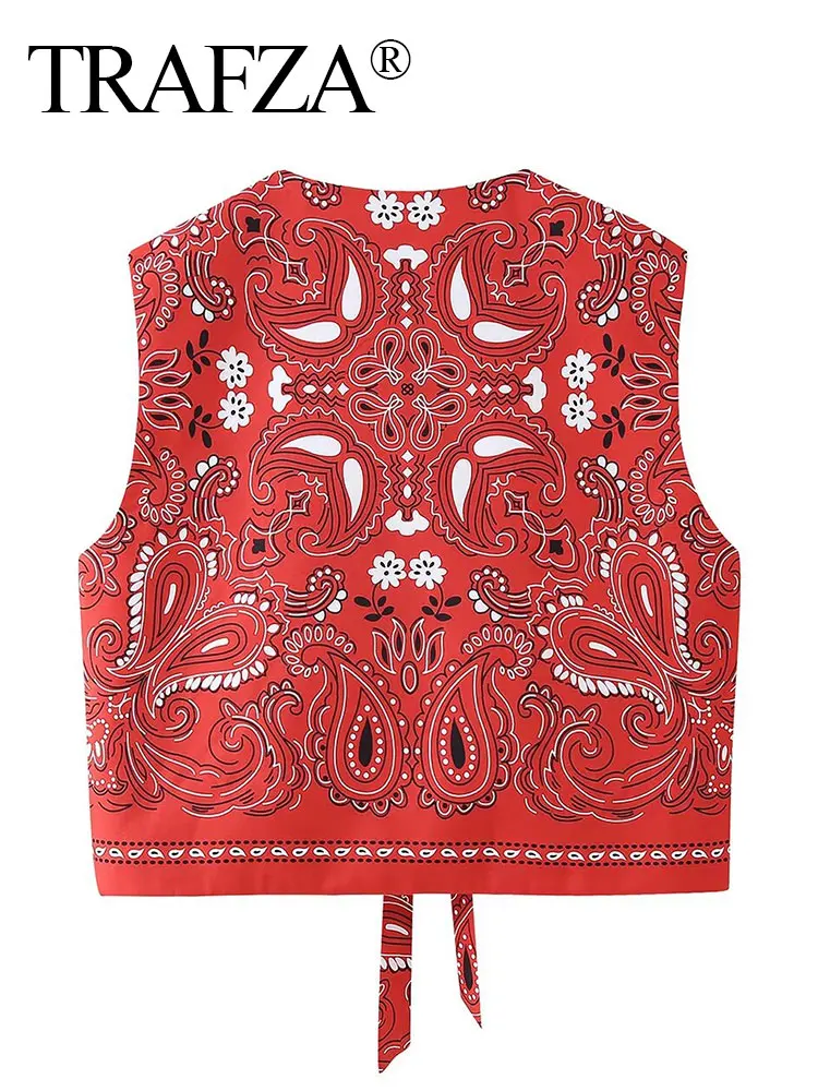 HH Women Fashion Paisley Print Vest Front Bow Lace Up O Neck National Style Vests Sleeveless Cardigan Waistcoat Chic Red Top