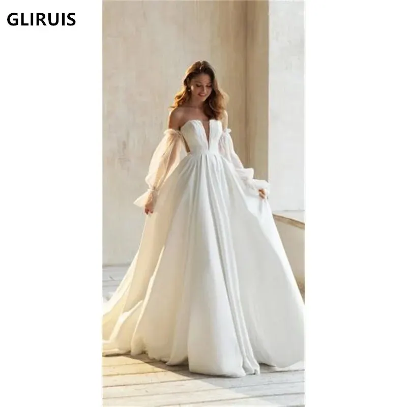 

Gorgeous Beach Wedding Dresses Tiered Tulle Detachable Sleeves Cruched Sweetheart Wedding Party Gowns Princess Bride Dress