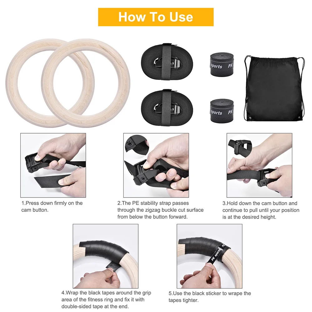 Wood Gymnastics Rings with Adjustable Straps 4Pcs Non-Slip Hand Tapes Exercise Training for Home Gym Full Body Strength
