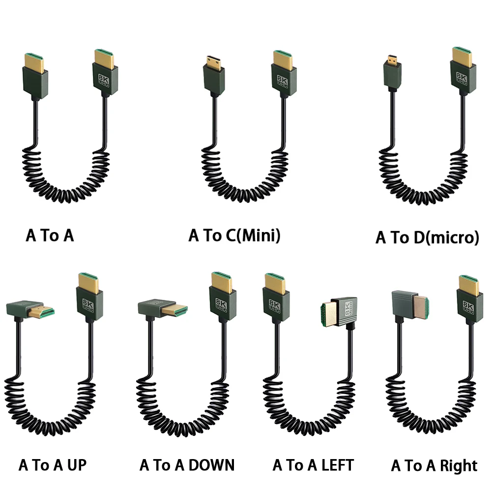 8K HDMI-Compatible Coiled Cable 48Gbps To Mini/Micro HD Cable For Camera Camcorder PC Monitor