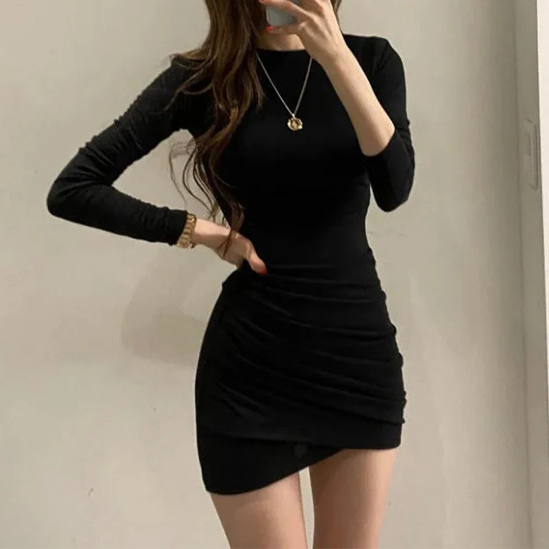 Sexy Dress Women Party Clothes Solid Color Round Neck Long Sleeve Ruched Bodycon Mini Dress Cocktail Dresses Streetwear