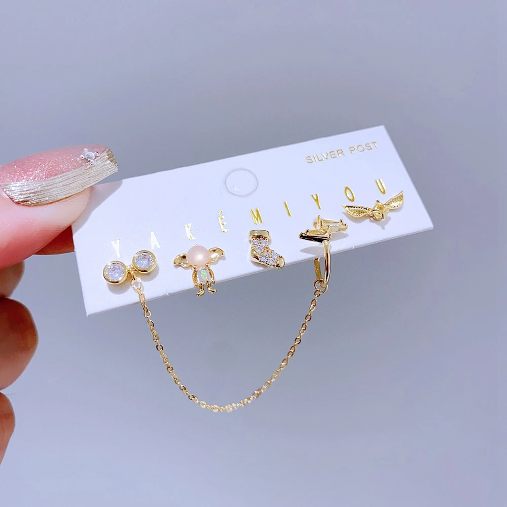 5pcs/set Mixed Cartoon Stud Earrings Gold Color Plated Cubic Zirconia Crystal Women Girls Jewellery 2