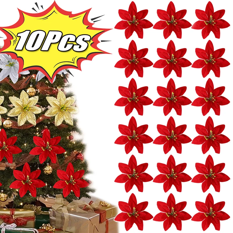 1/5/10Pcs Christmas Flowers Glitter Artificial Poinsettia Xmas Tree Ornaments DIY Garlands Home Wedding Party Decorations Gifts